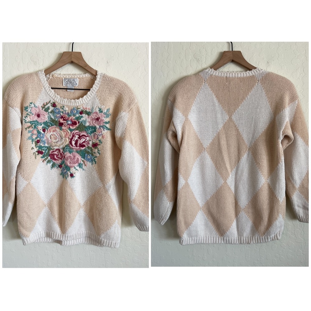 Vintage Casual Corner Floral Embroidered Argyle Crewneck Sweater Small Cottage